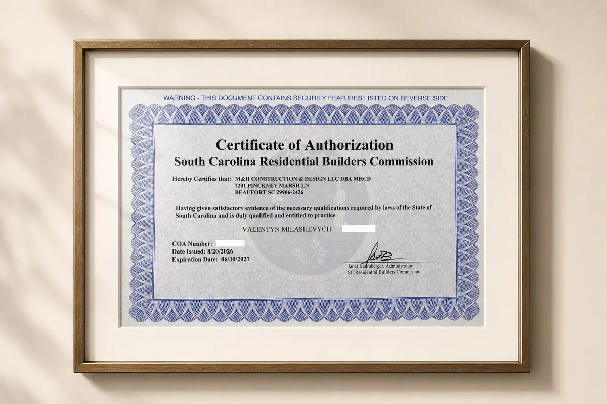 Framed South Carolina Residential Builders Commission Certificate of Authorization for M&H Construction & Design