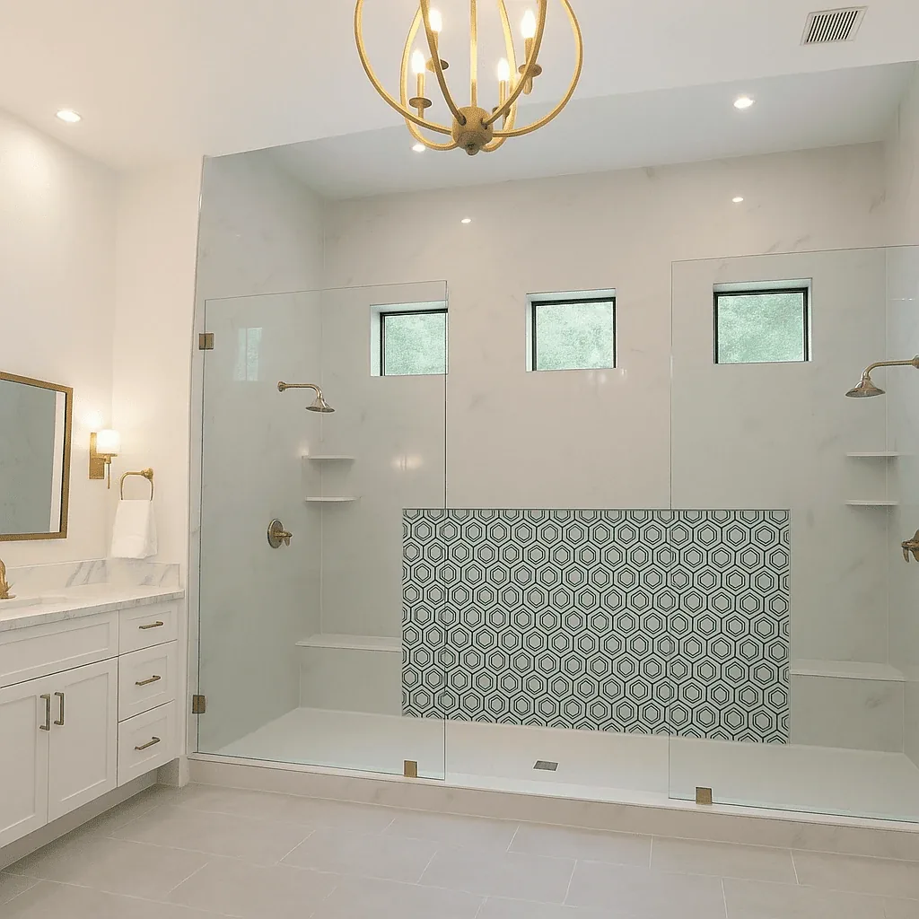 Walk-in shower with a glass enclosure, marble-look tile, a hexagon tile panel, and a built-in bench by M&H Construction & Design