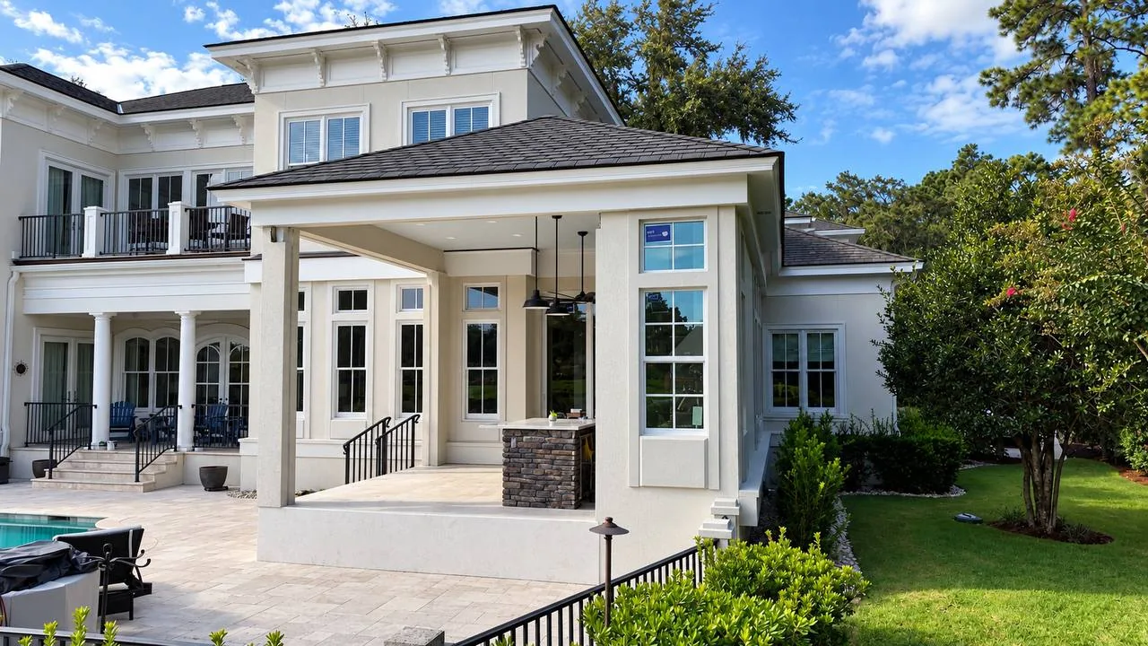 Home addition with a covered porch and outdoor kitchen matched to the existing two-story house by M&H Construction & Design