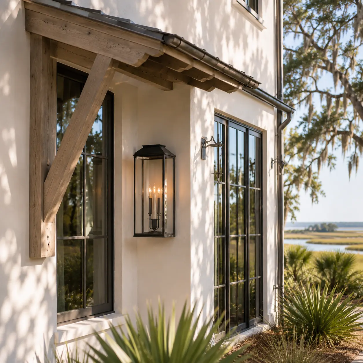Lowcountry custom home exterior with exposed timber details and black-framed windows