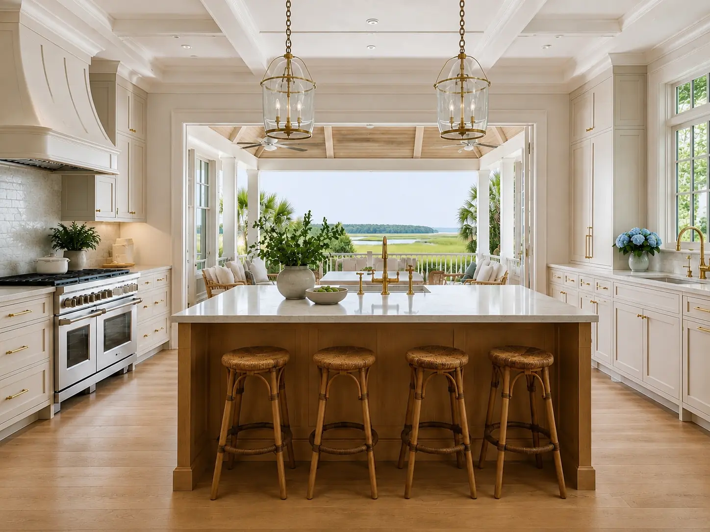 Renovated Lowcountry kitchen with custom cabinetry and a large center island