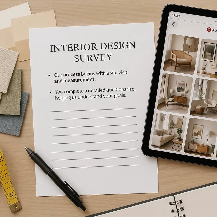 Interior design workflow by M&H Construct and Design: from site survey and client questionnaire to schematic design, concept creation, cost estimation, contract documentation, and final presentation.
