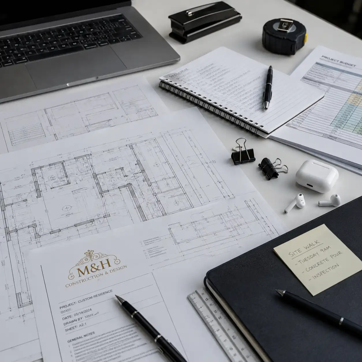 Design and construction workflow by M&H Construction and Design, from planning and design through construction, quality assurance, and final completion.