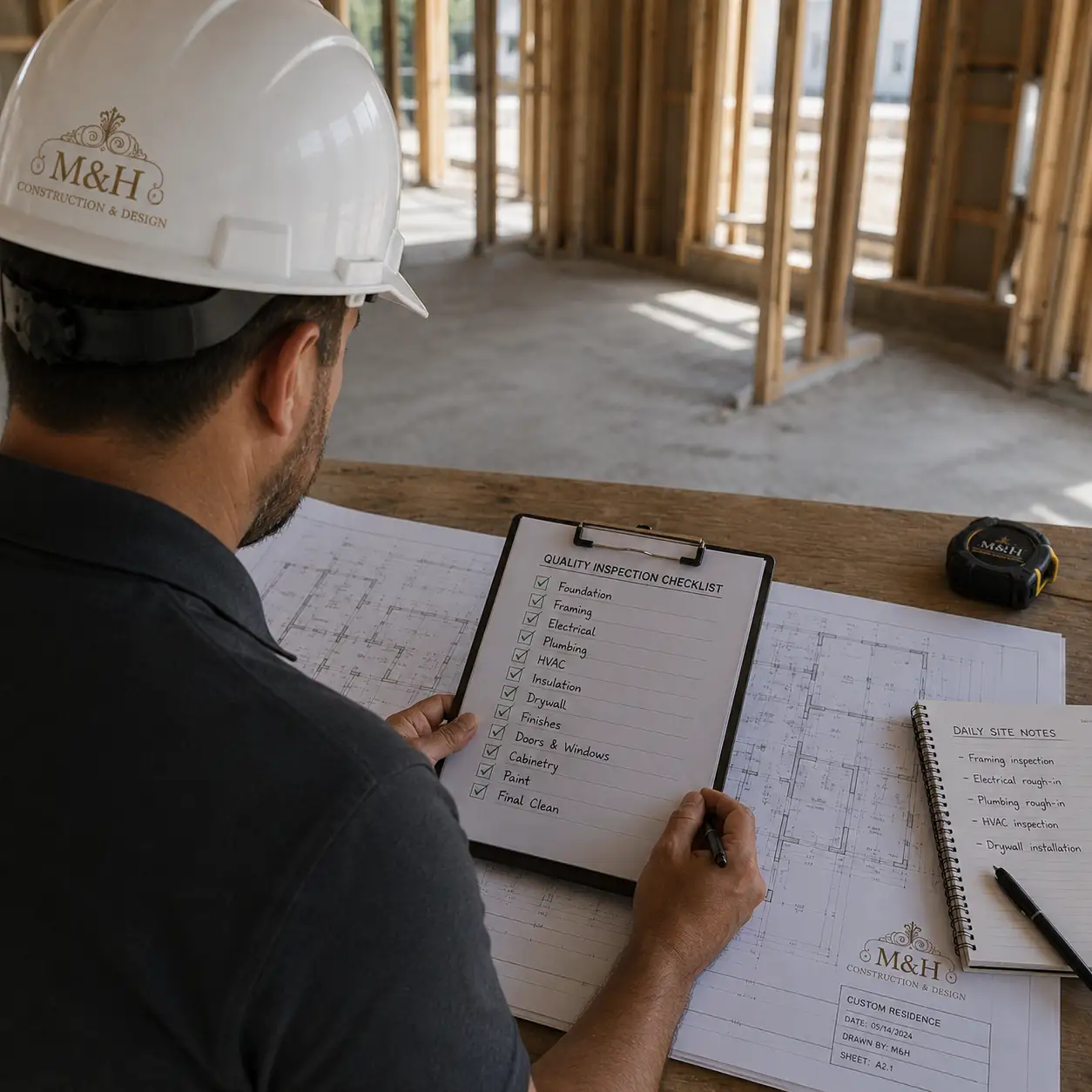 Design and construction workflow by M&H Construction and Design, from planning and design through construction, quality assurance, and final completion.