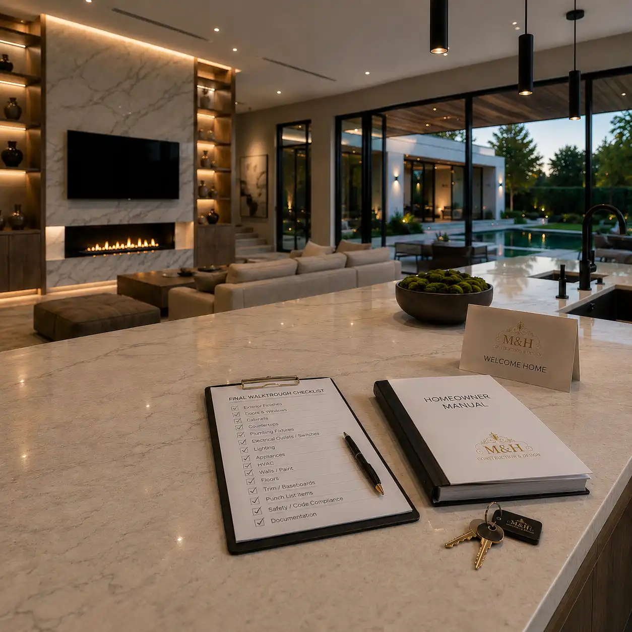 Design and construction workflow by M&H Construction and Design, from planning and design through construction, quality assurance, and final completion.