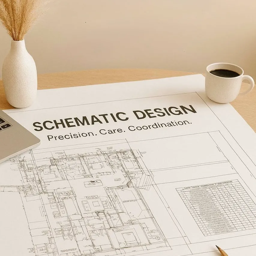 Interior design workflow by M&H Construct and Design: from site survey and client questionnaire to schematic design, concept creation, cost estimation, contract documentation, and final presentation.