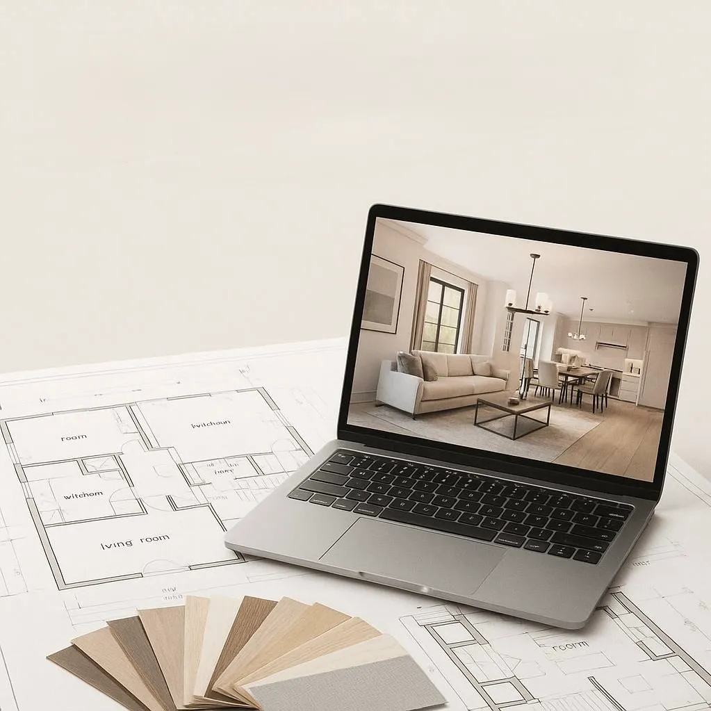 Interior design workflow by M&H Construct and Design: from site survey and client questionnaire to schematic design, concept creation, cost estimation, contract documentation, and final presentation.