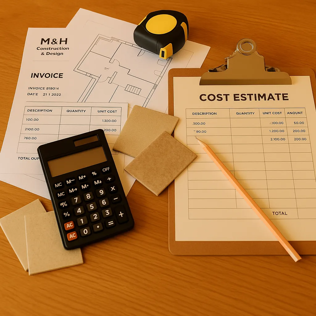 Interior design workflow by M&H Construct and Design: from site survey and client questionnaire to schematic design, concept creation, cost estimation, contract documentation, and final presentation.