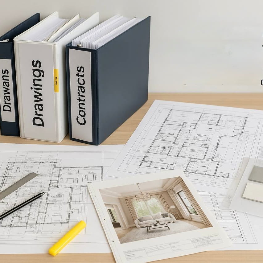 Interior design workflow by M&H Construct and Design: from site survey and client questionnaire to schematic design, concept creation, cost estimation, contract documentation, and final presentation.