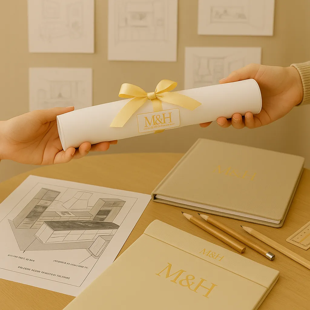 Interior design workflow by M&H Construct and Design: from site survey and client questionnaire to schematic design, concept creation, cost estimation, contract documentation, and final presentation.