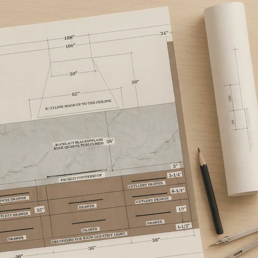 Interior design workflow by M&H Construct and Design: from site survey and client questionnaire to schematic design, concept creation, cost estimation, contract documentation, and final presentation.