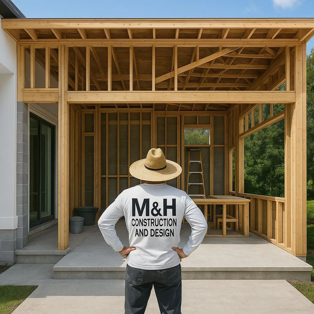 Interior design workflow by M&H Construct and Design: from site survey and client questionnaire to schematic design, concept creation, cost estimation, contract documentation, and final presentation.