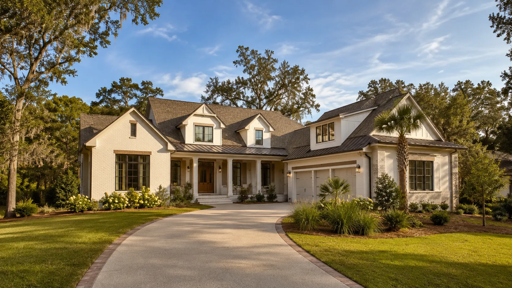 Custom home in Bluffton, SC with white brick exterior and landscaped driveway