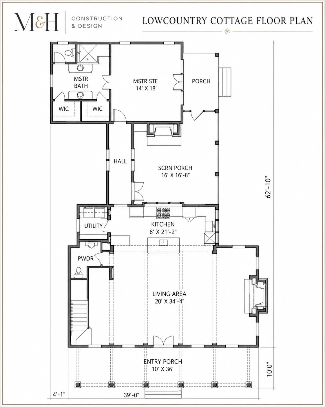 • Lowcountry cottage first floor plan with open living area, primary suite and outdoor living spaces