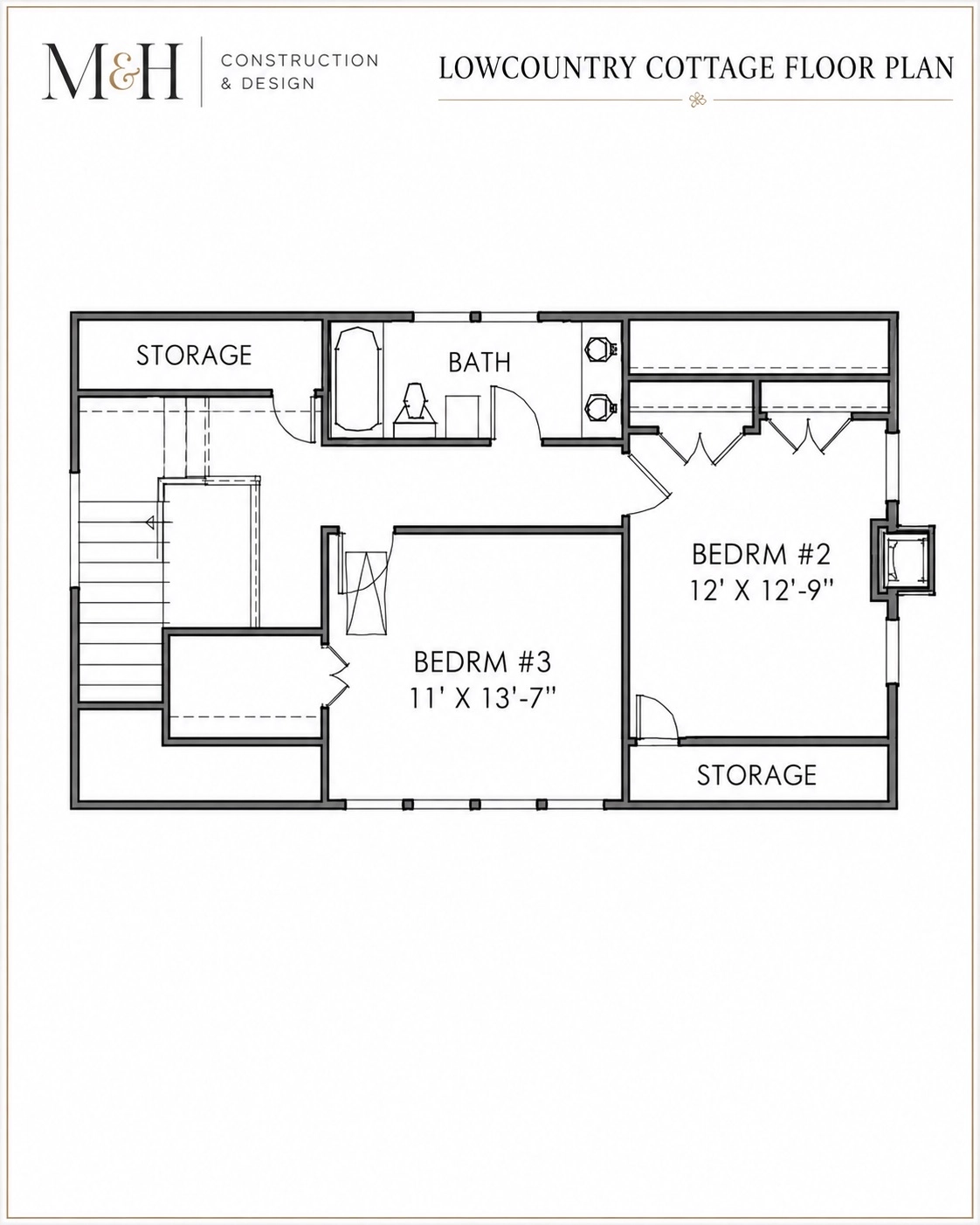 Lowcountry cottage second floor plan with guest bedrooms, bathroom and storage areas