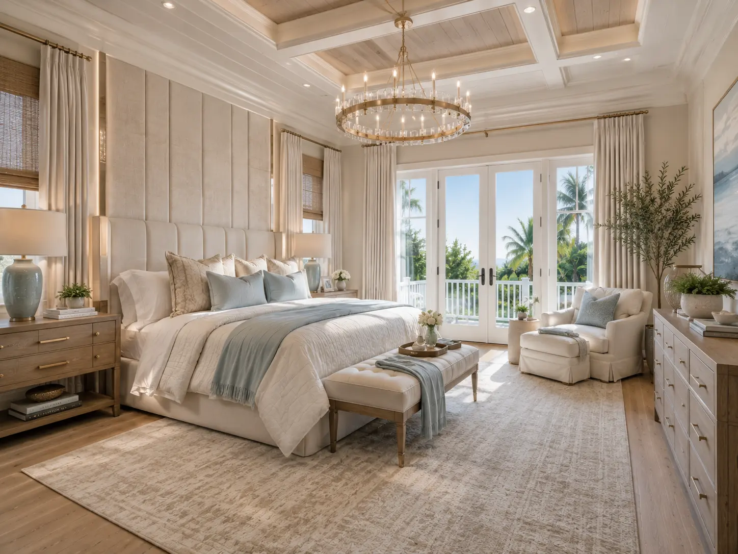 • Modern coastal primary bedroom with neutral finishes and Lowcountry-inspired interior design