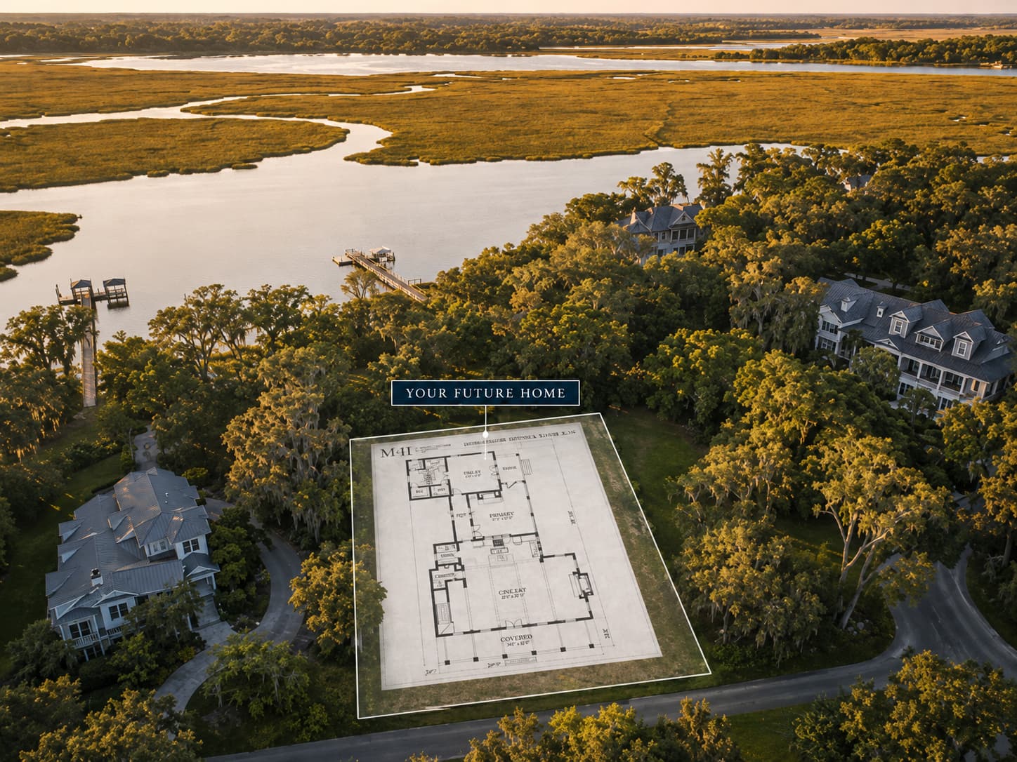 Lowcountry cottage home plan shown on a marsh-front homesite in South Carolina