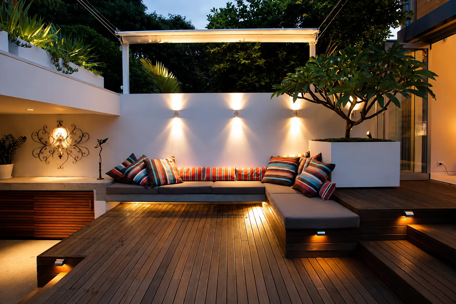 Luxury outdoor living remodel with custom built-in seating, wood decking, landscape lighting, and tropical landscaping.
