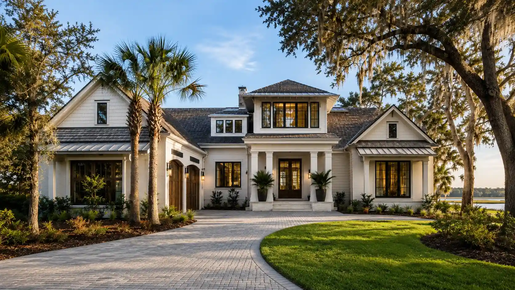 Luxury custom home in Hilton Head, SC surrounded by Lowcountry landscaping and live oak trees