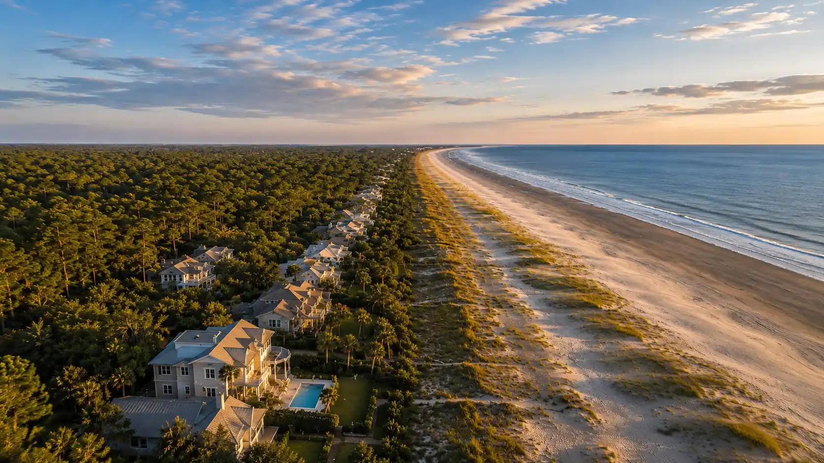 Aerial view of coastal homes, beach and ocean on Hilton Head Island, South Carolina