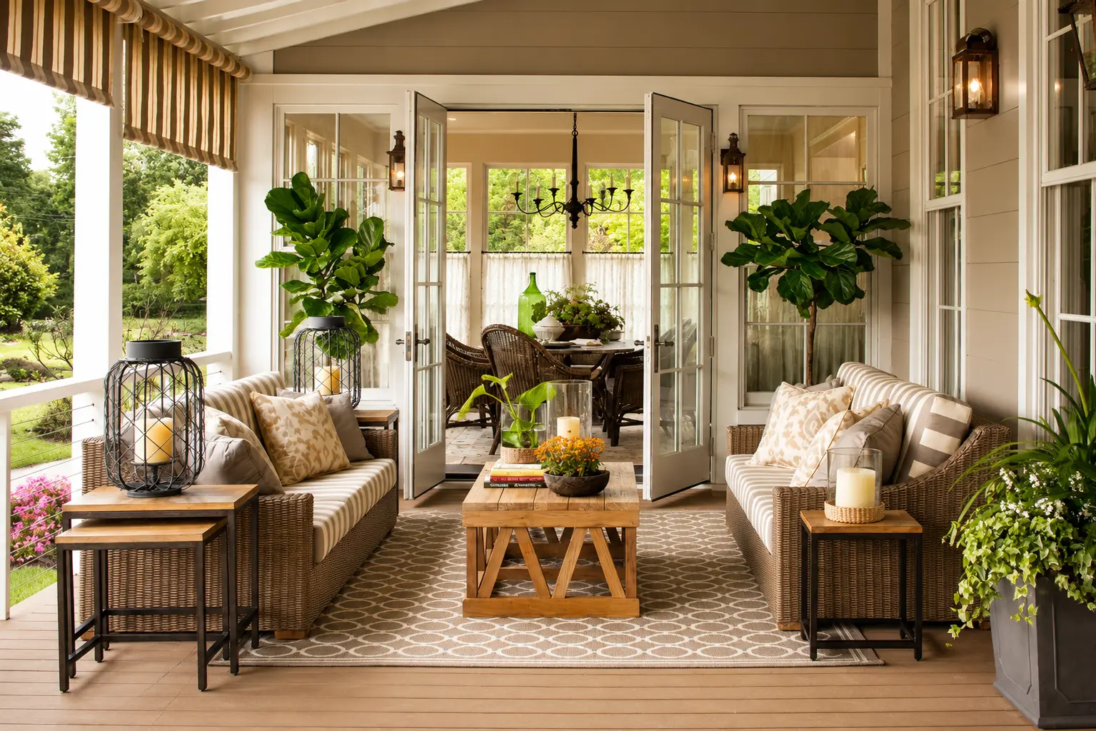 ALT: Lowcountry covered porch with wicker seating, French doors, and comfortable outdoor living space