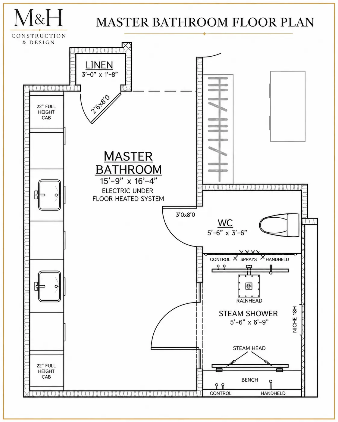 Luxury master bathroom floor plan with double vanity, steam shower, heated floors, linen storage, and private water closet