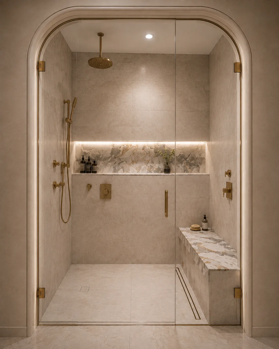 Luxury walk-in shower with arched entry, built-in bench, full-width niche, rain shower, and brass fixtures.