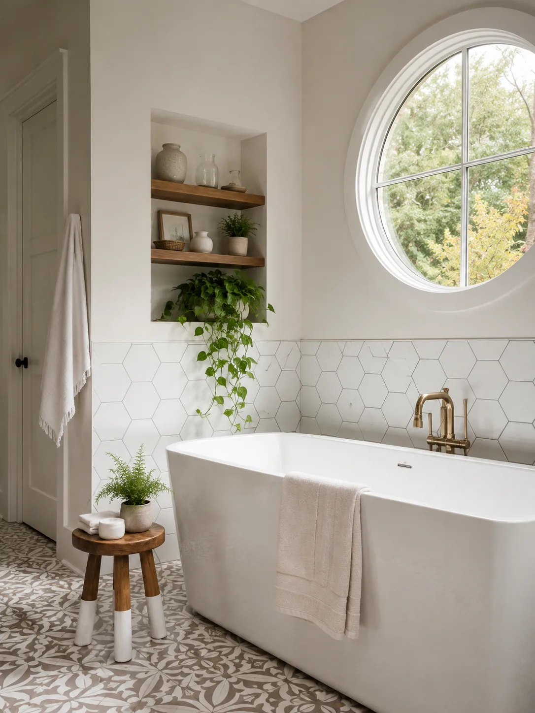 Freestanding tub with round window, natural wood shelving, marble accents, and warm Lowcountry bathroom design