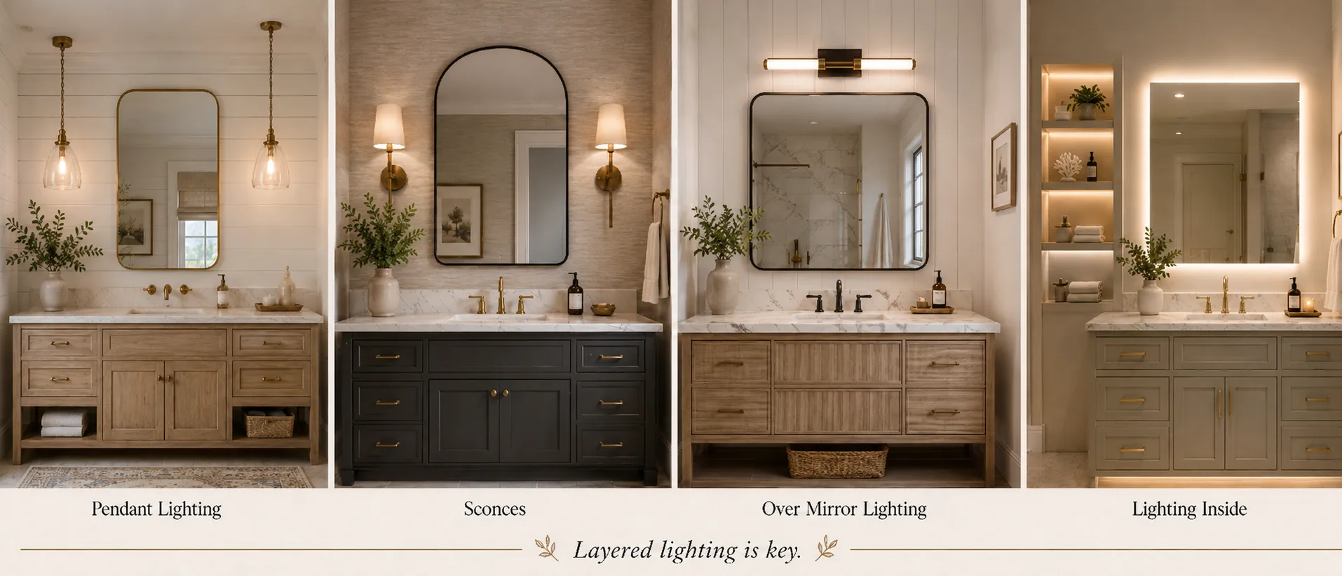 Four bathroom lighting options showing pendant lights, wall sconces, over-mirror lighting, and built-in accent lighting for a luxury bathroom remodel.