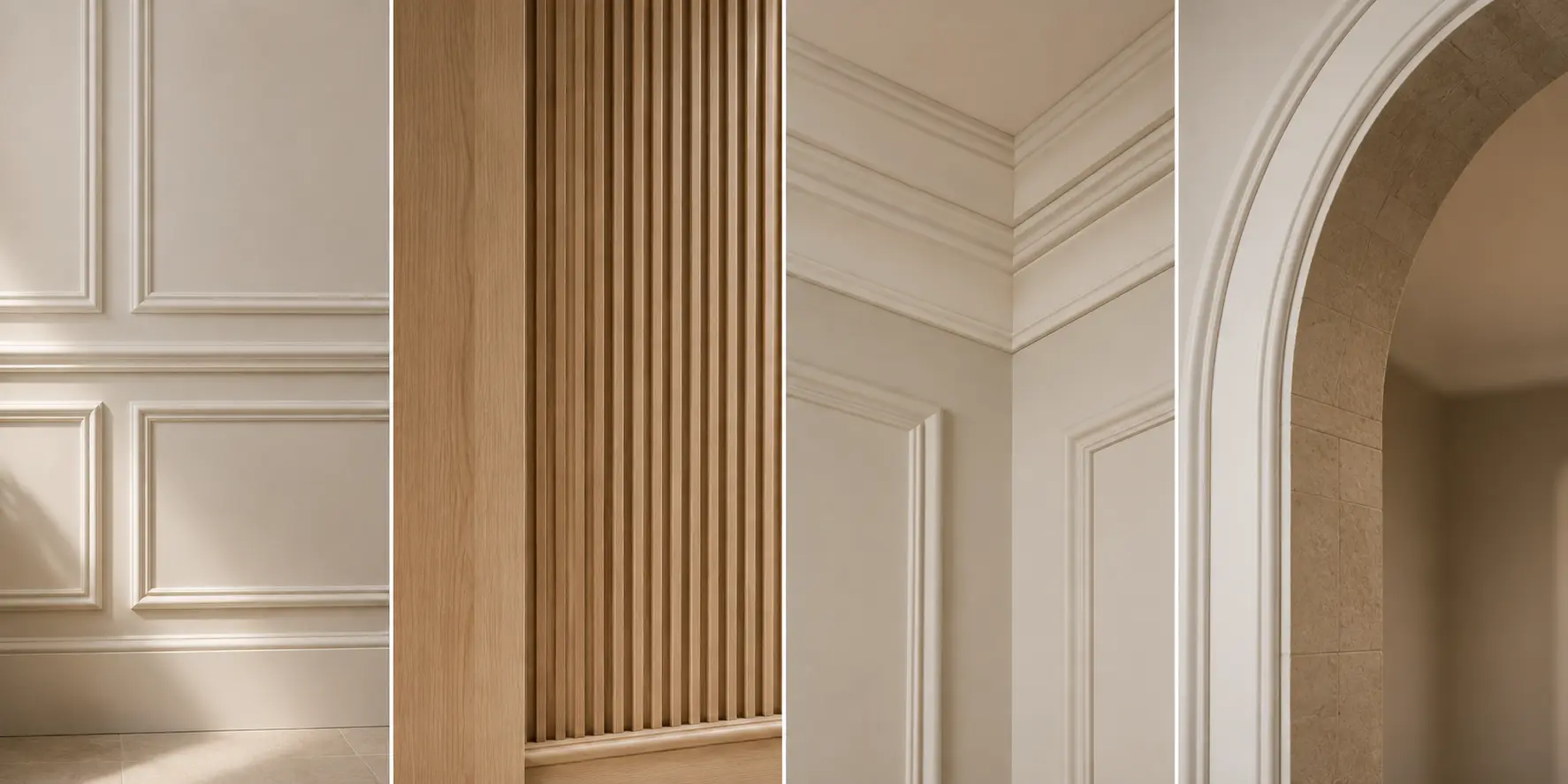 Architectural bathroom details featuring wall paneling, vertical wood accents, decorative molding, and an arched opening.