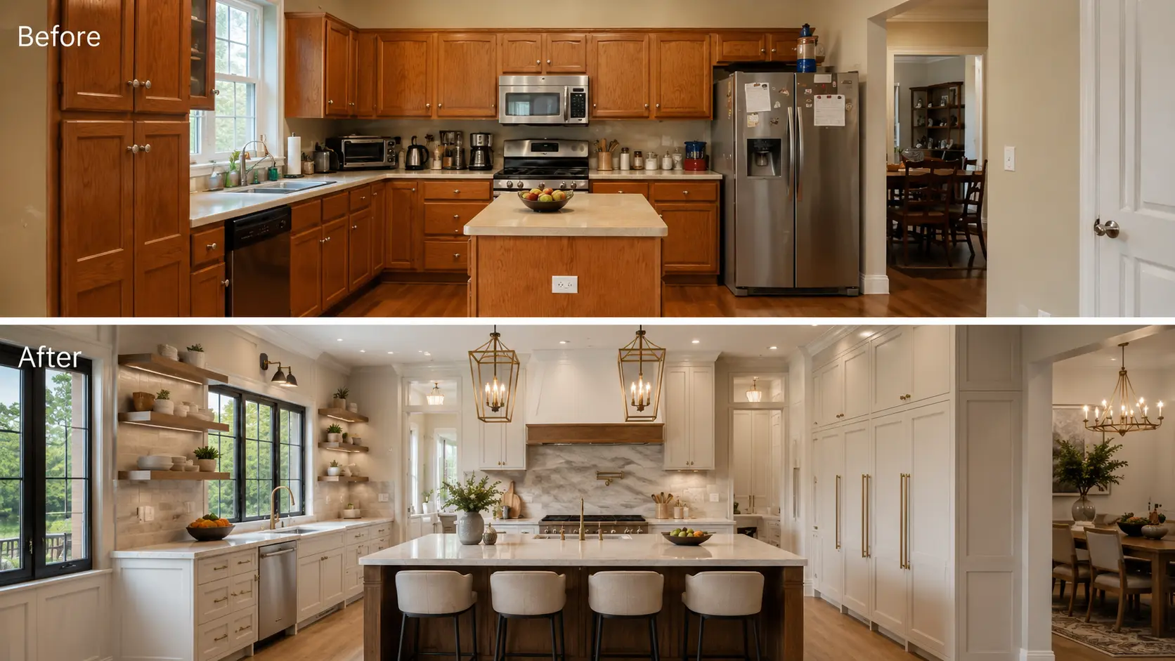 Before and after kitchen remodel in Bluffton SC featuring a larger island, custom cabinetry, updated lighting, and luxury Lowcountry kitchen design.
