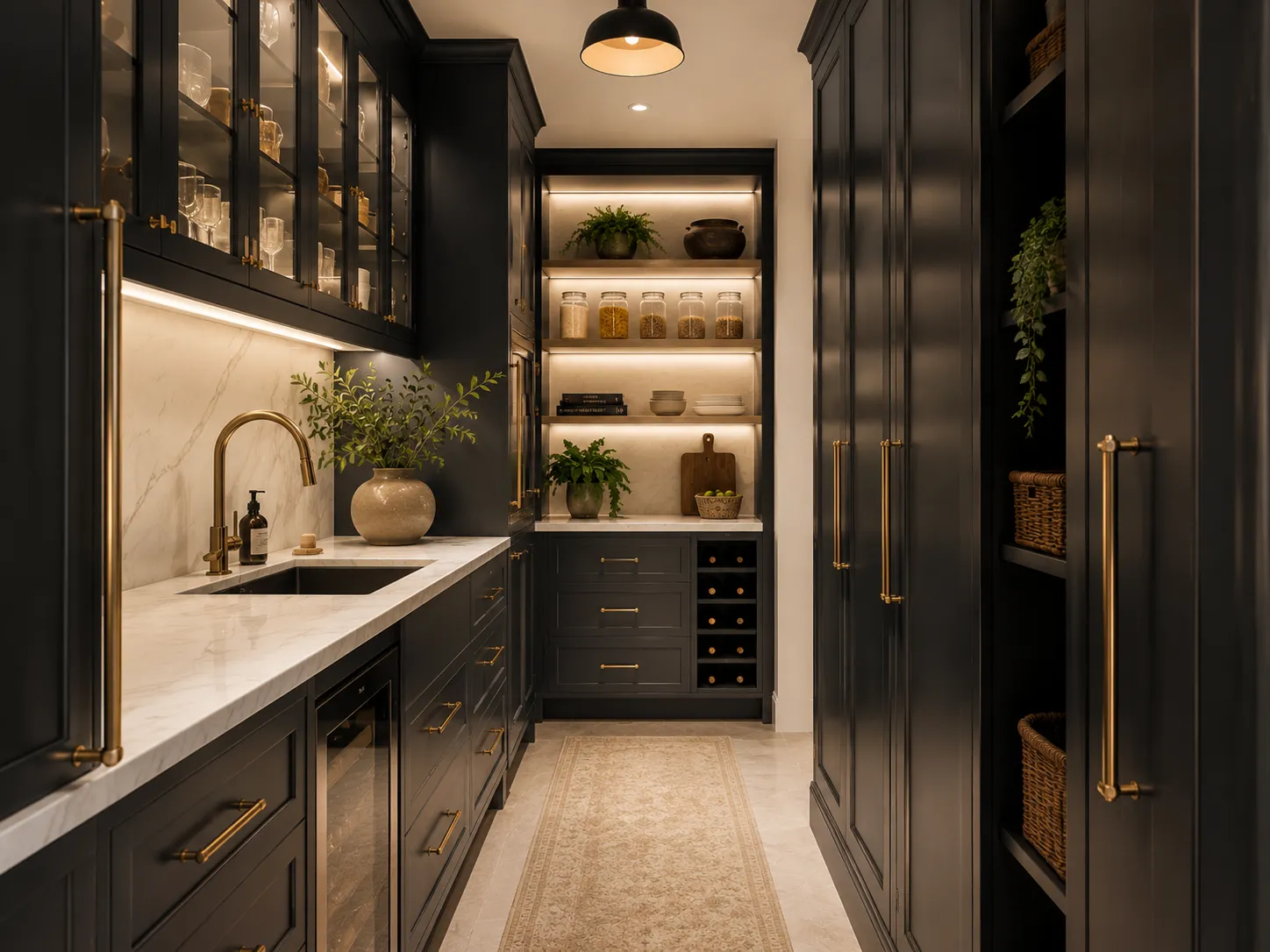 Luxury scullery kitchen with dark custom cabinetry, marble countertops, brass fixtures, glass-front storage, and illuminated pantry shelving.