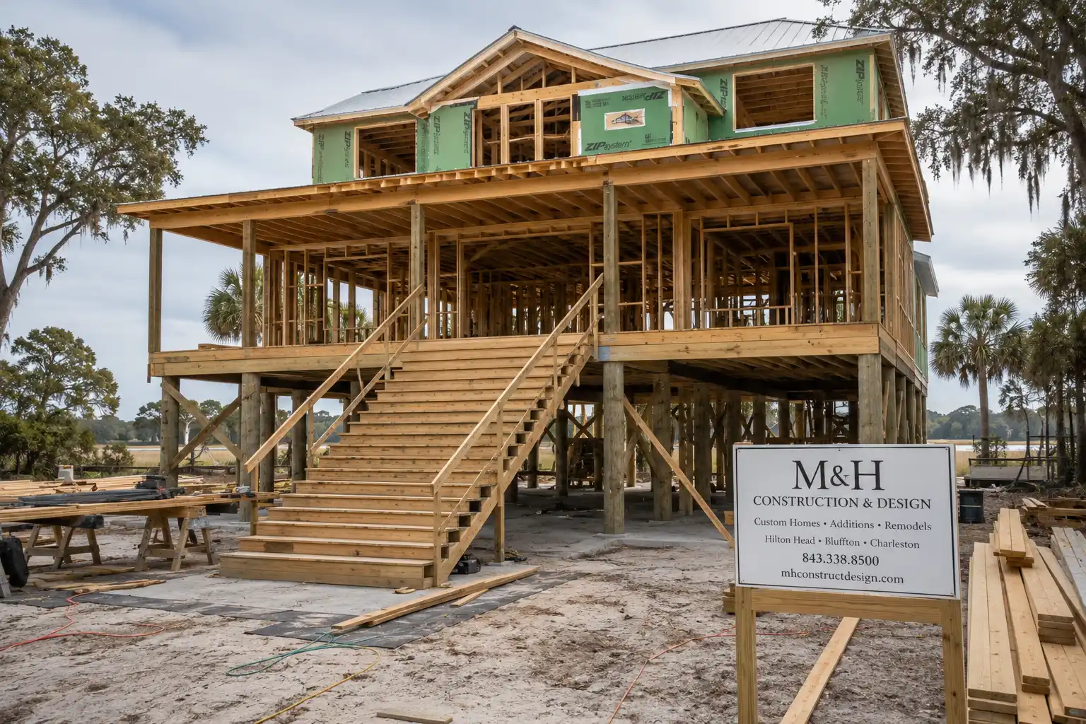 Elevated coastal home framing with staircase and piling foundation during construction
