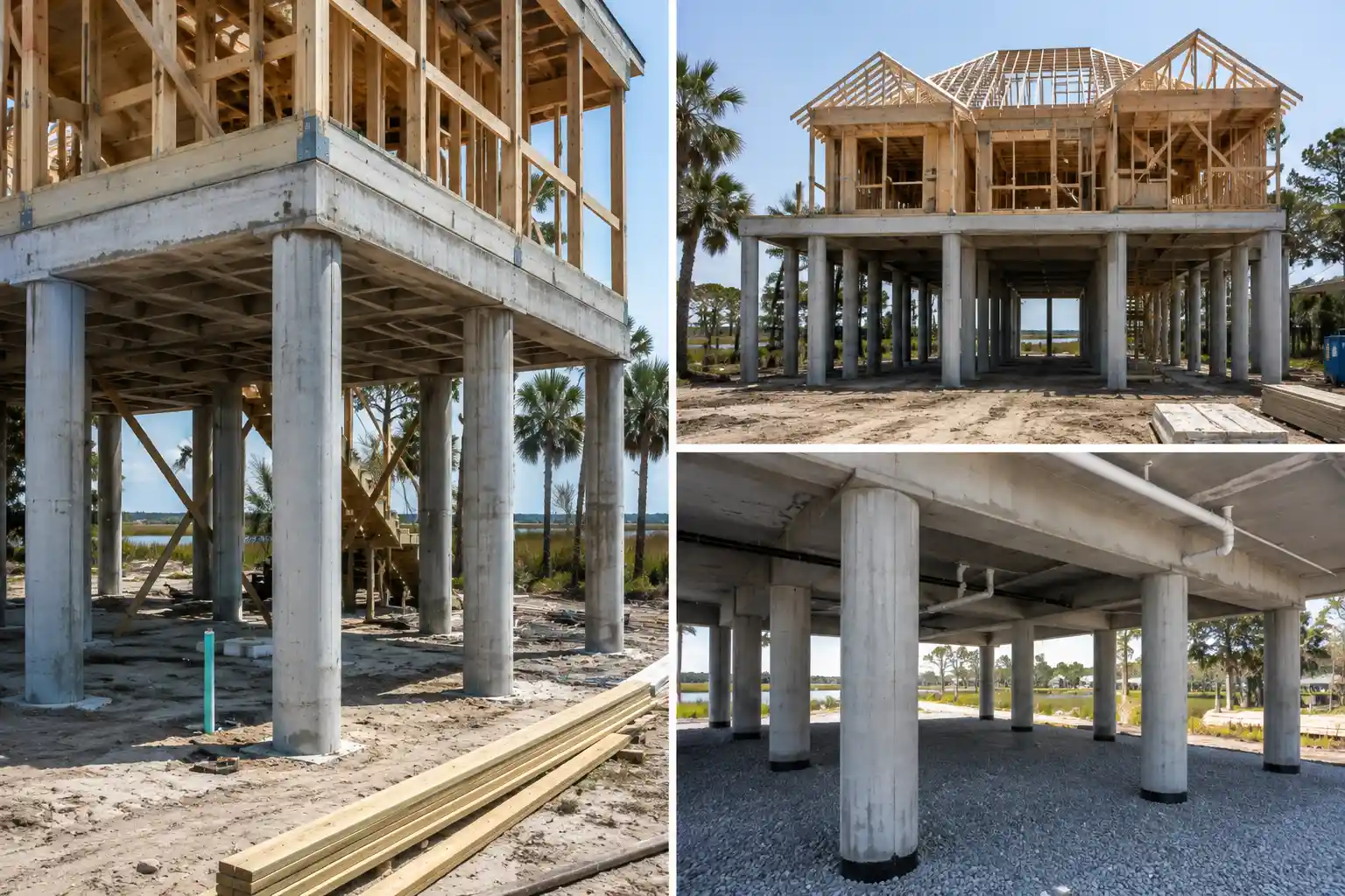 Concrete piling foundation supporting an elevated coastal home under construction