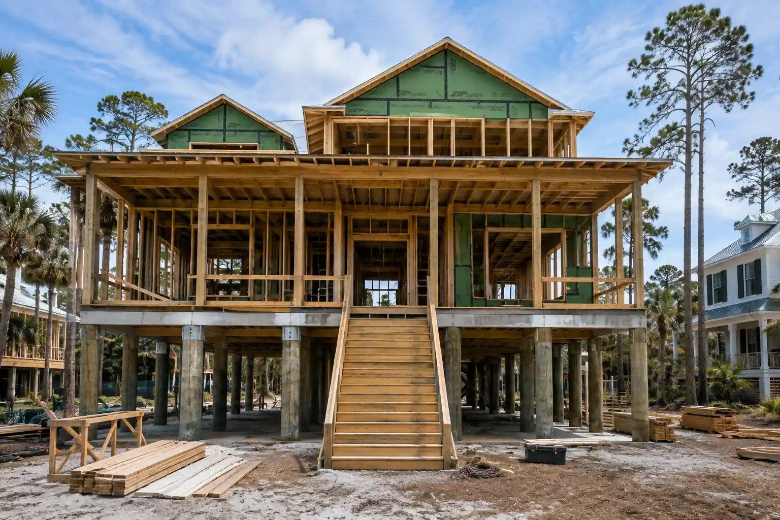 Elevated coastal home construction showing structural framing above pilings