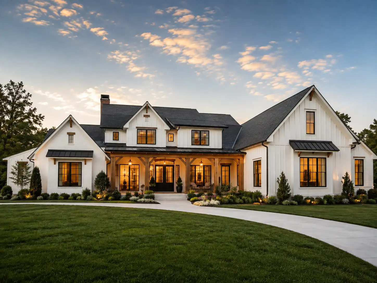 Modern farmhouse house plan with white siding, black windows, natural wood porch details, and landscaped front yard at sunset.