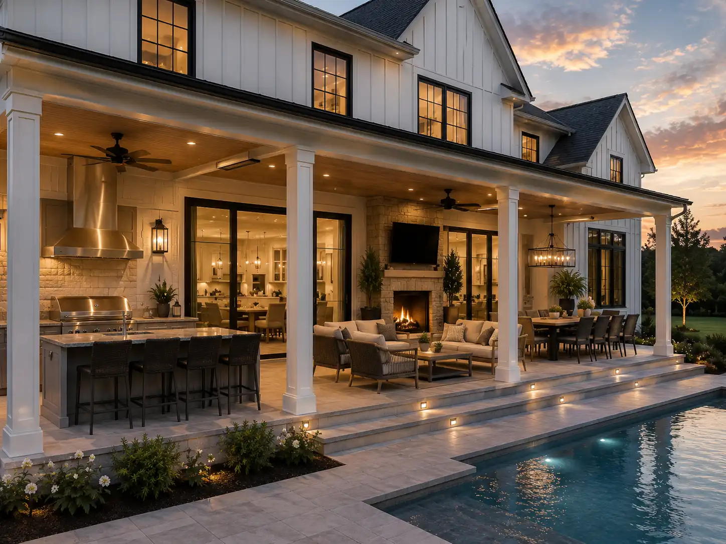 Covered modern farmhouse rear porch with outdoor kitchen, lounge seating, dining area, fireplace, and pool connection at dusk.