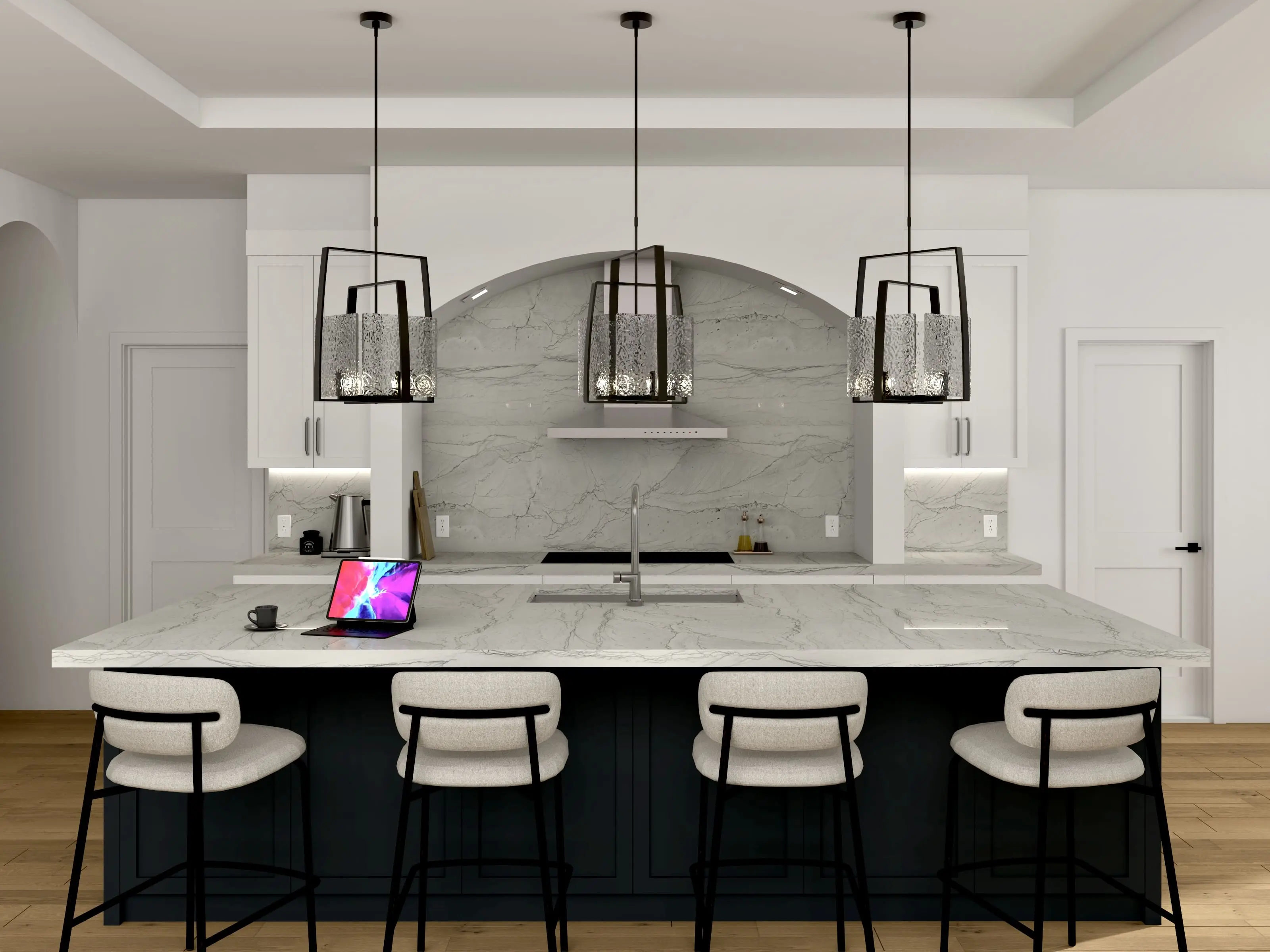 Lumina Luxe modern traditional kitchen with white cabinetry, marble backsplash, and dark island