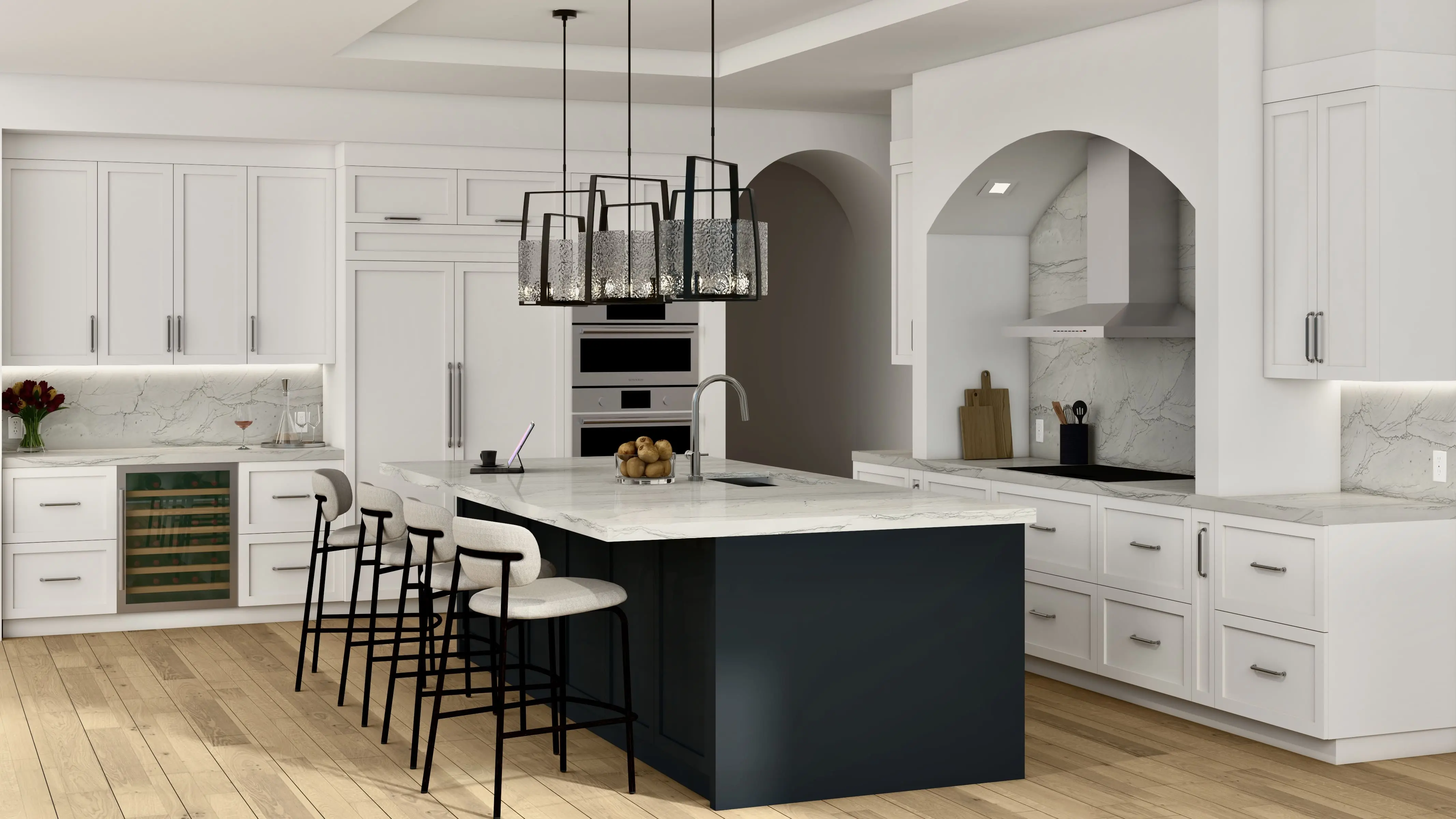 Lumina Luxe kitchen with marble counters, arched range hood, and bar seating
