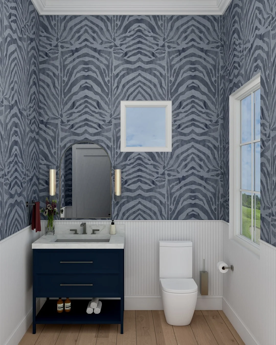 Lumina Luxe blue patterned powder room with navy vanity