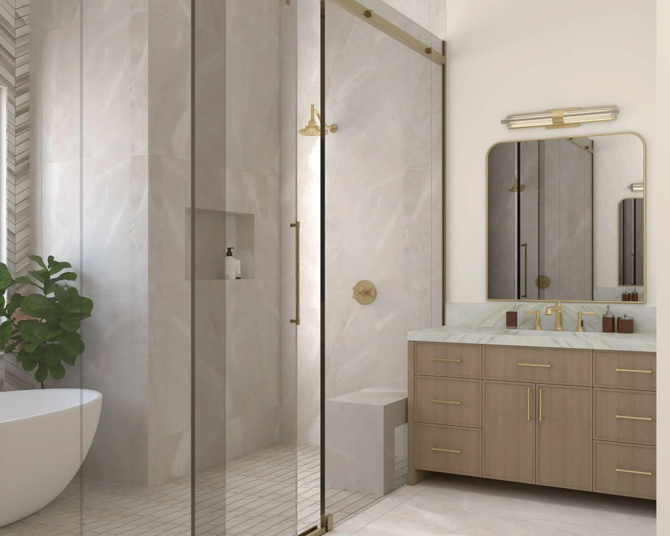 Coastal Craft primary bathroom with tub and dual showers