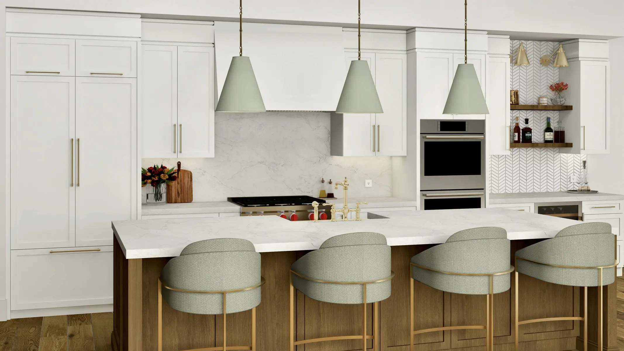 Coastal Craft kitchen island with seating and white cabinetry