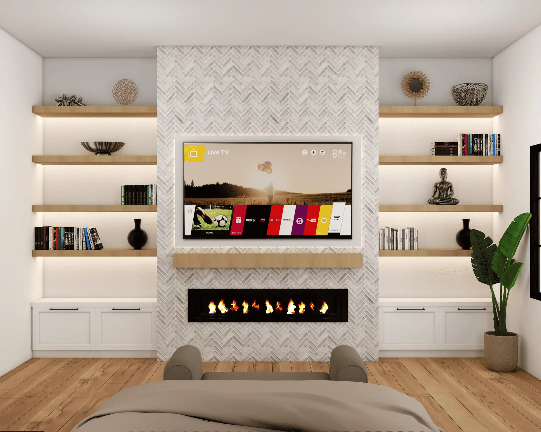 Timber & Tone bedroom fireplace wall with television and built-ins