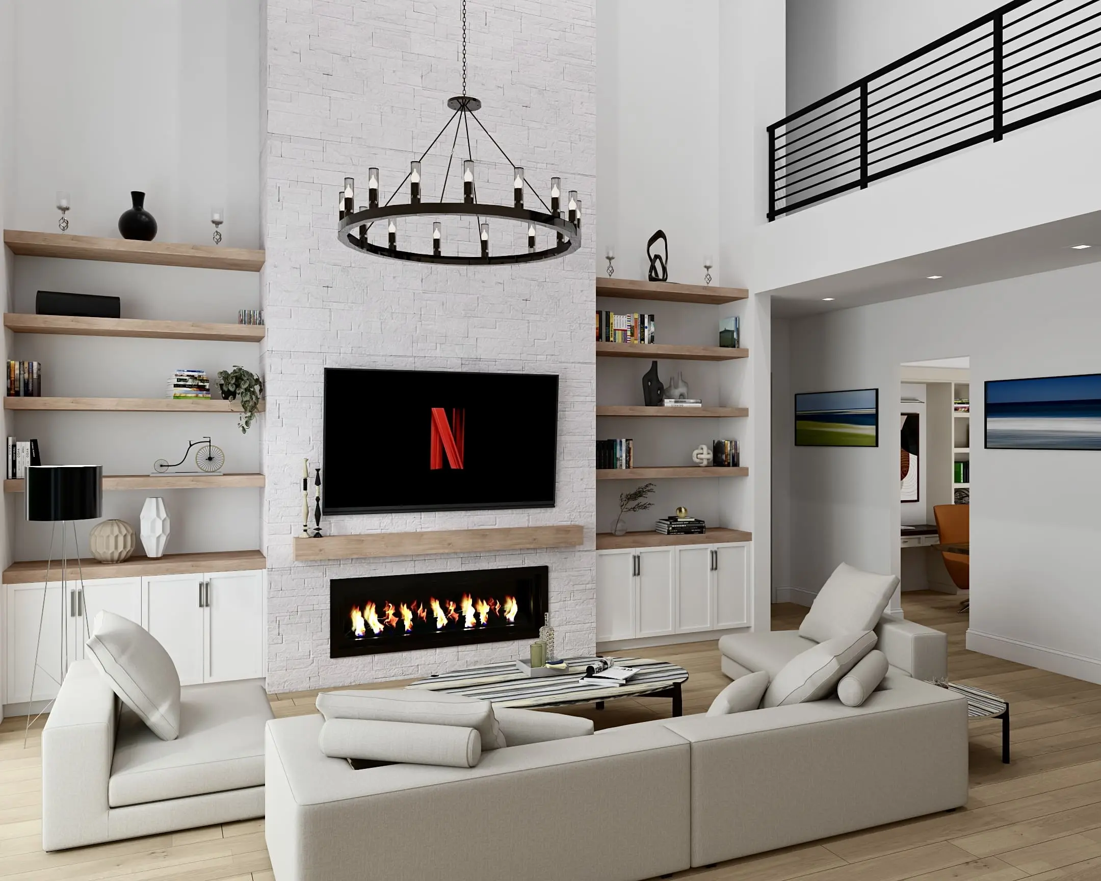Lumina Luxe living room with white fireplace, built-ins, and open railing