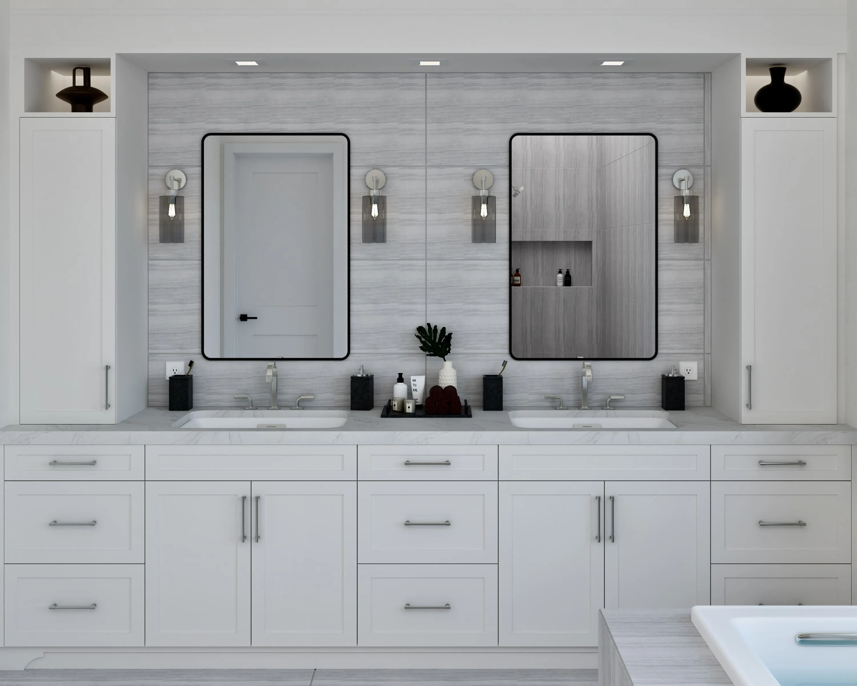 Lumina Luxe double bathroom vanity with black-framed mirrors and white cabinetry
