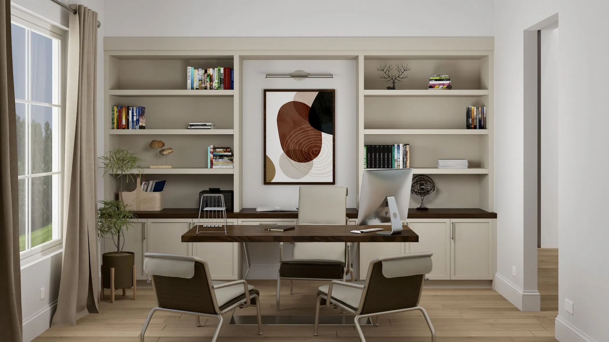 Lumina Luxe home office with built-in shelving and custom desk