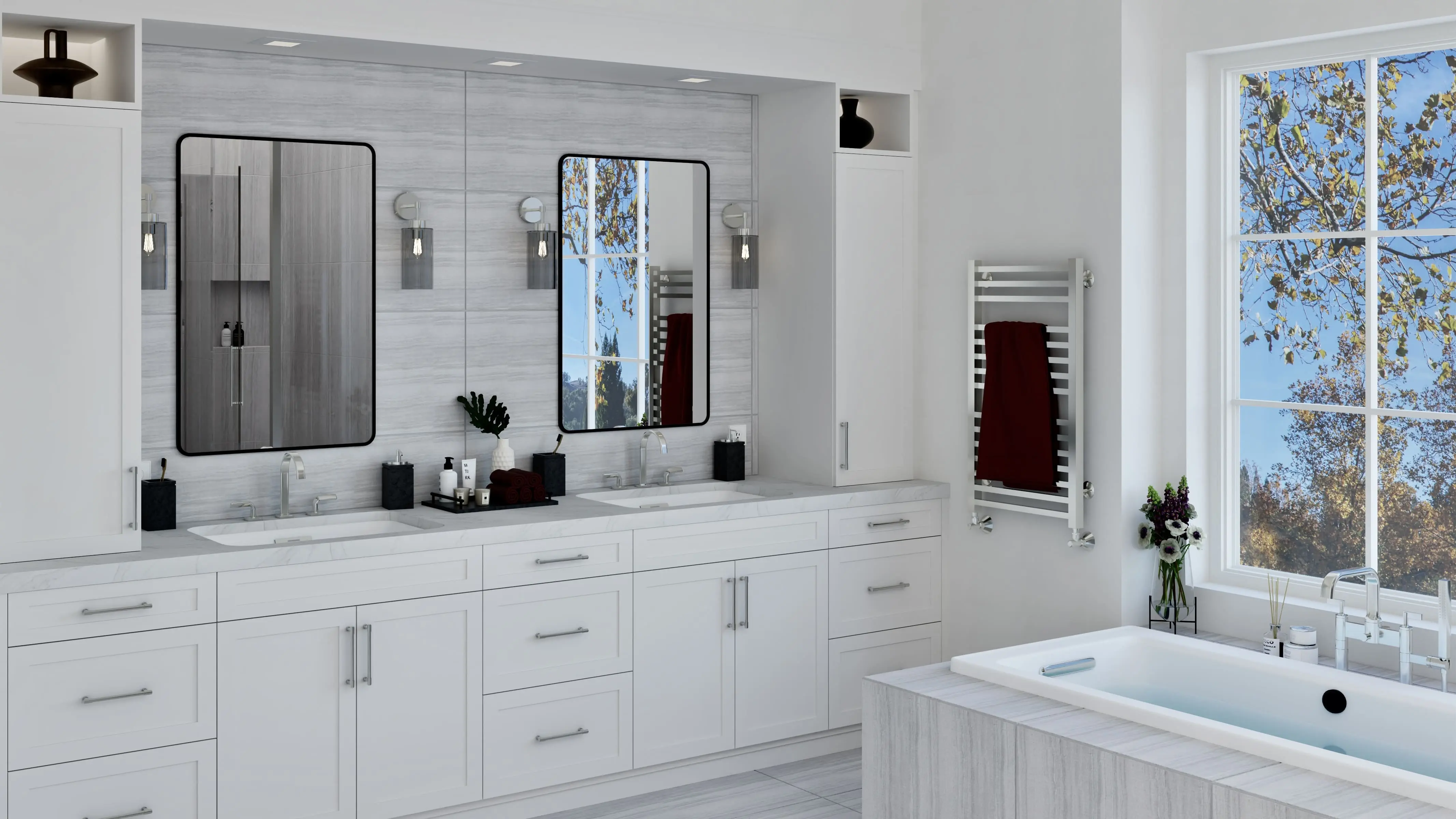 Lumina Luxe spa bathroom with freestanding tub, double vanity, and natural light
