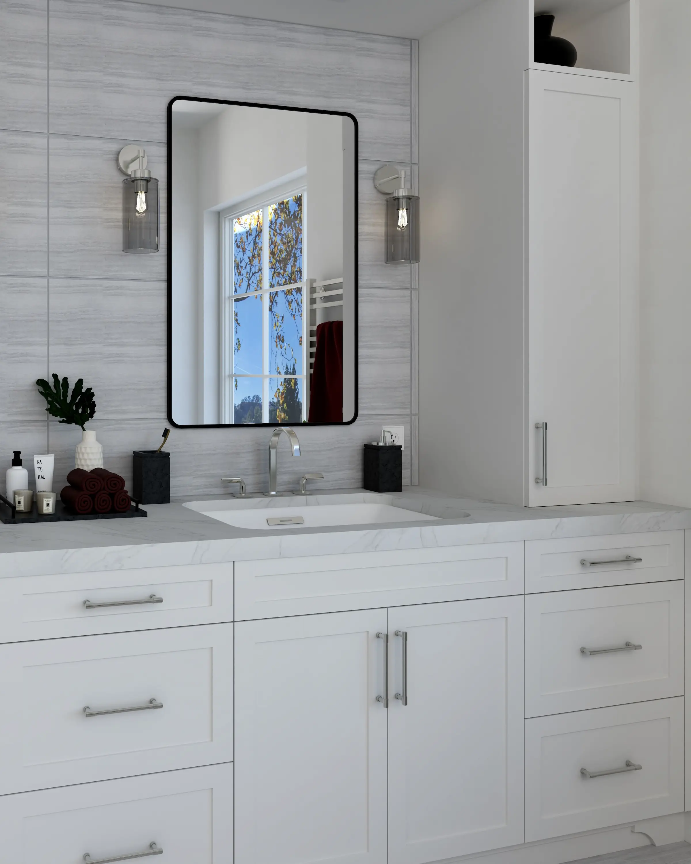 Lumina Luxe primary bathroom vanity with gray marble tile and wall sconces