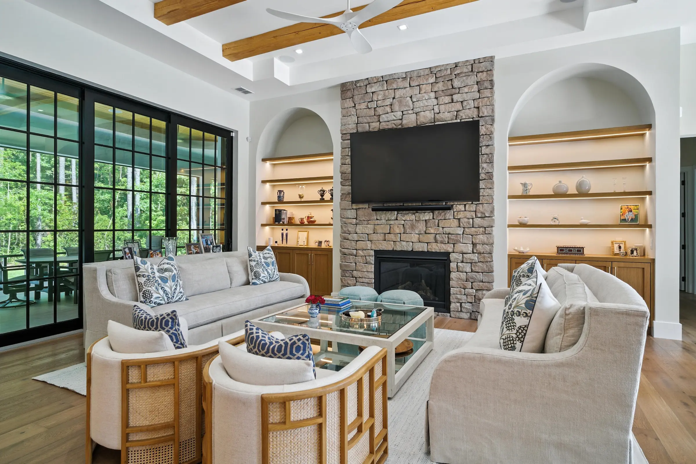 Coastal Craft completed open kitchen and living room with fireplace
