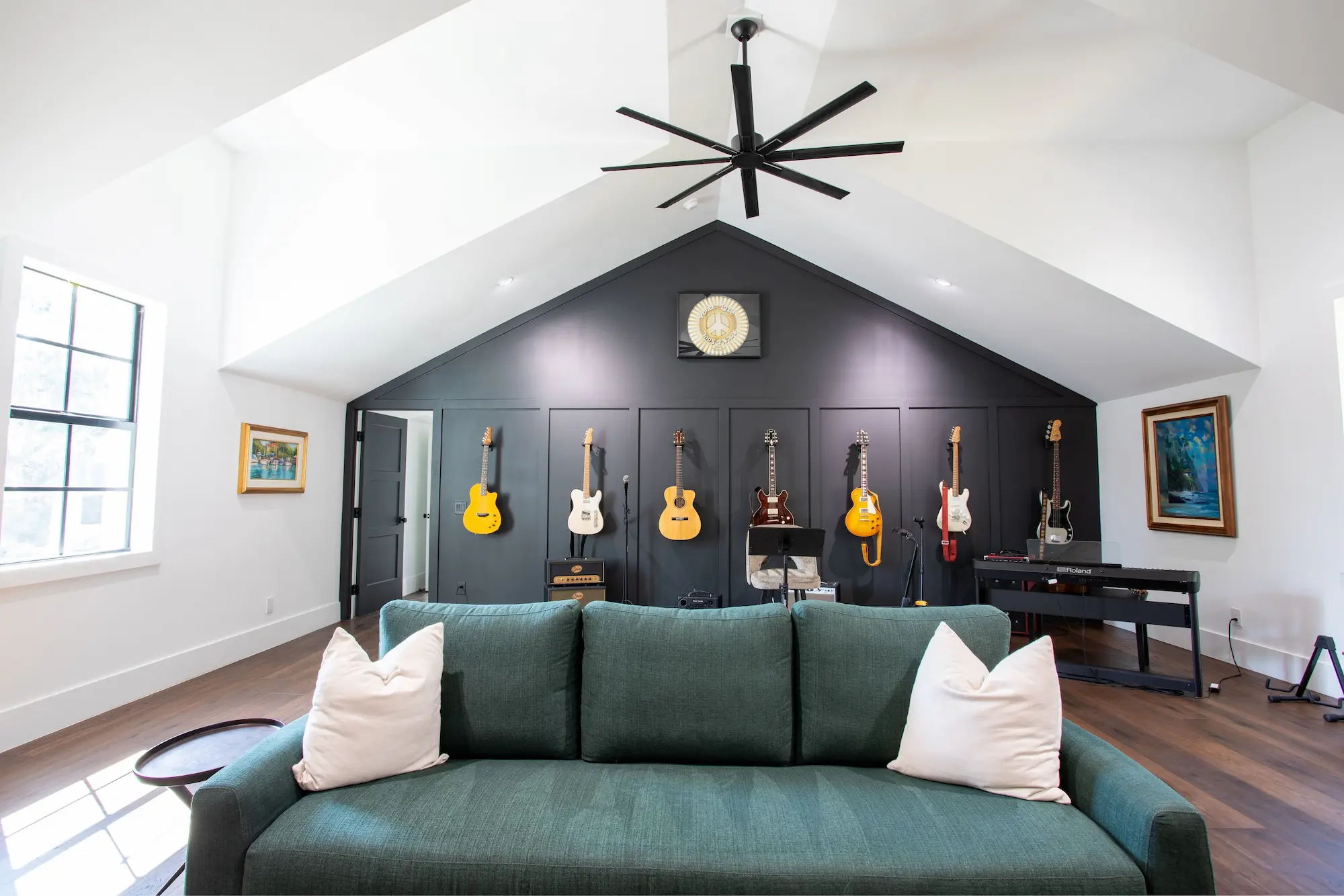 Shadow & Light completed eclectic living room with glass doors